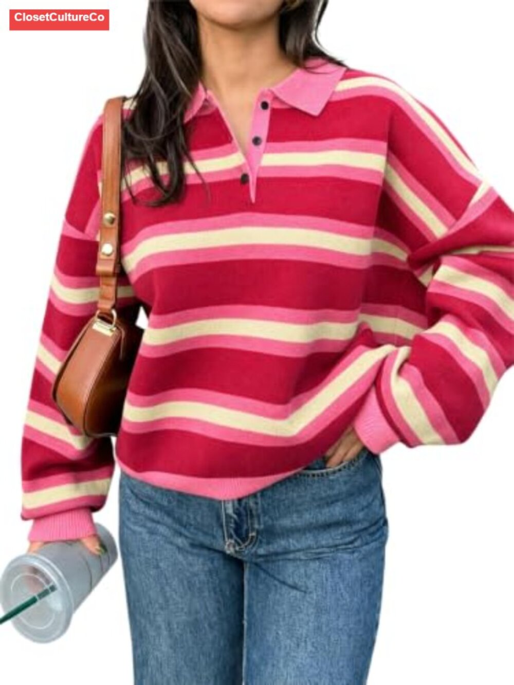Striped Polo Sweater Long Sleeve Collared Knit Pullover Casual Top